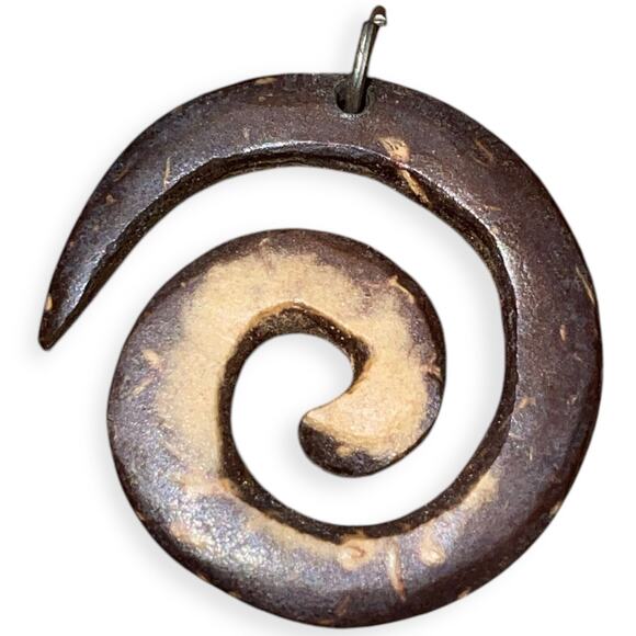 Hand-Carved Tribal Brown Coconut Shell Spiral Pendant Natural Boho Jewelry - Picture 1 of 2